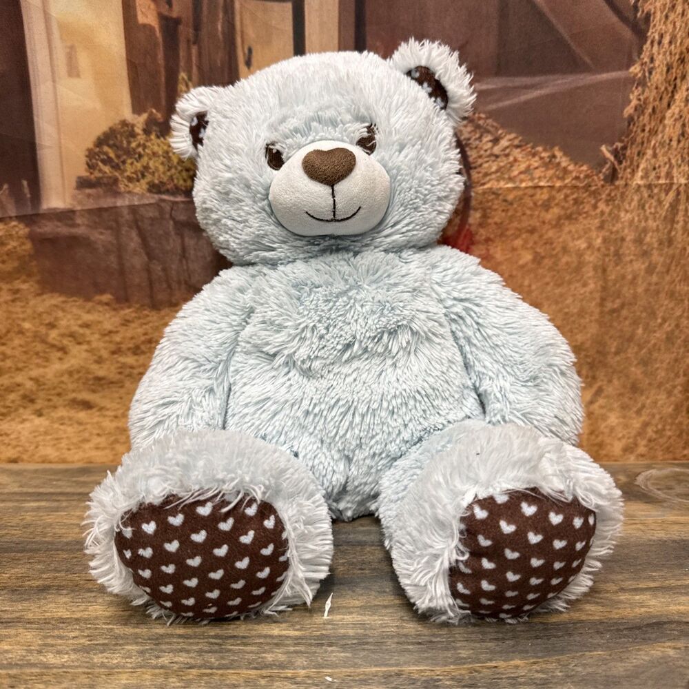 Build a Bear Blue Cuddly Hearts Bear 16” W/Brown Nose Clean.